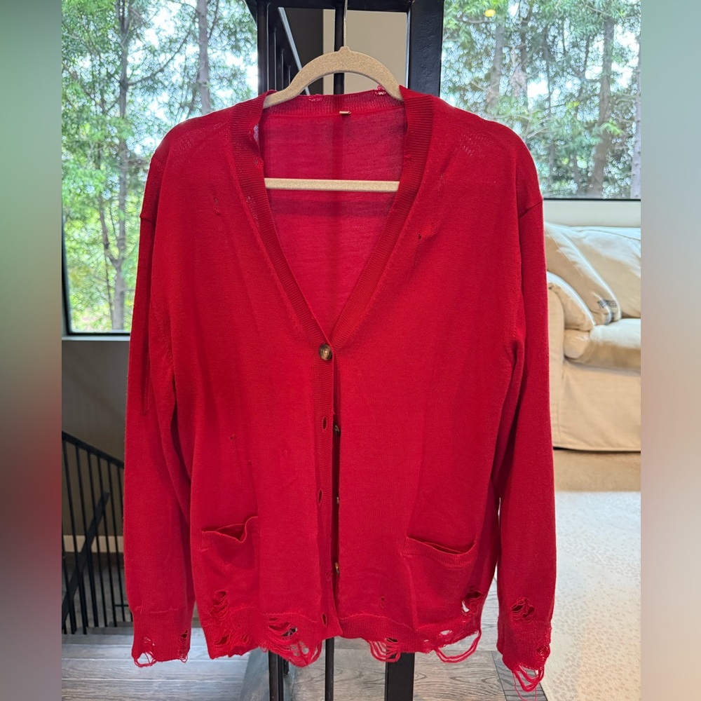 R13 distressed edge red cardigan. New with tags.